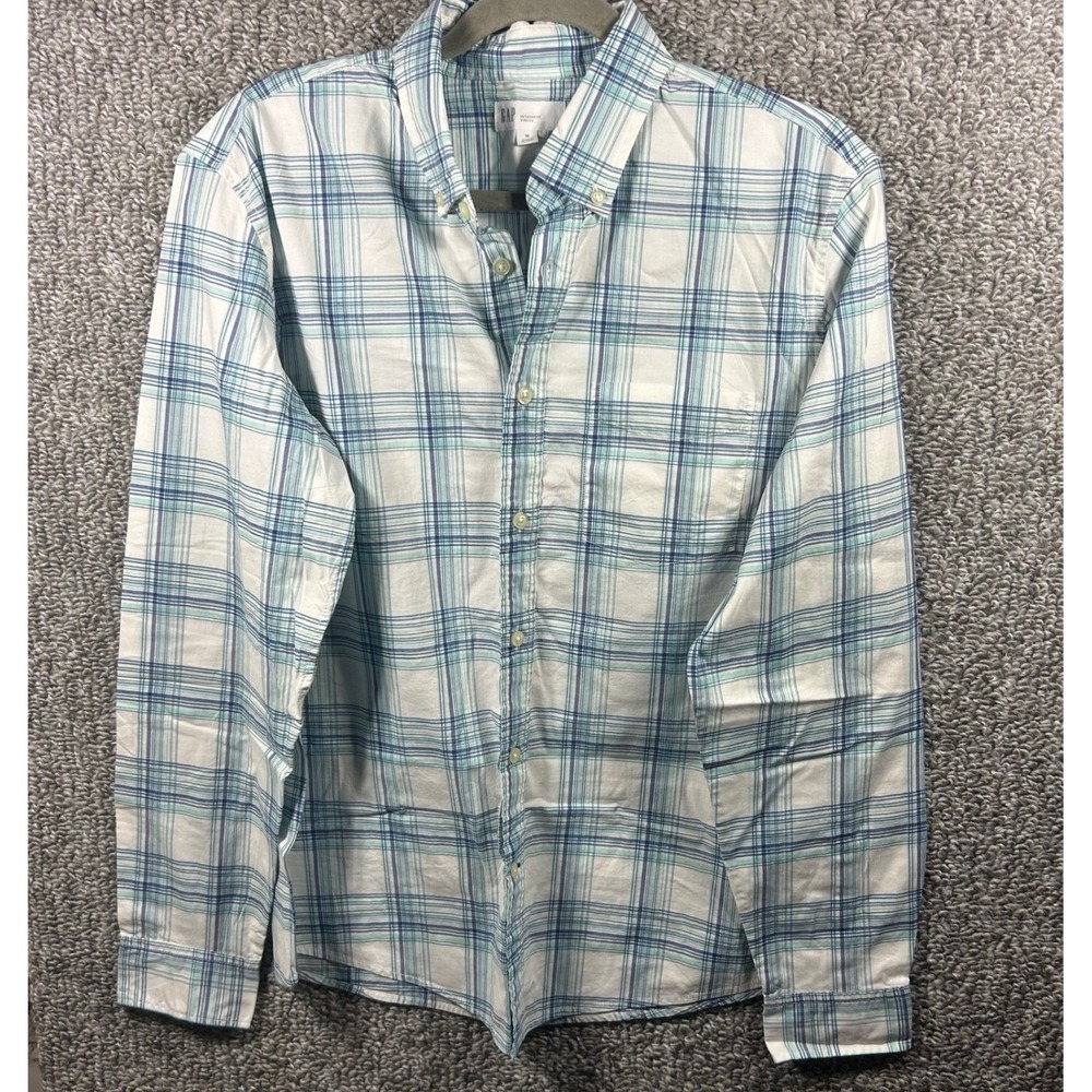 Gap Button Down Shirt Blue Plaid Untucked Fit Stretch‎ Mens Medium
